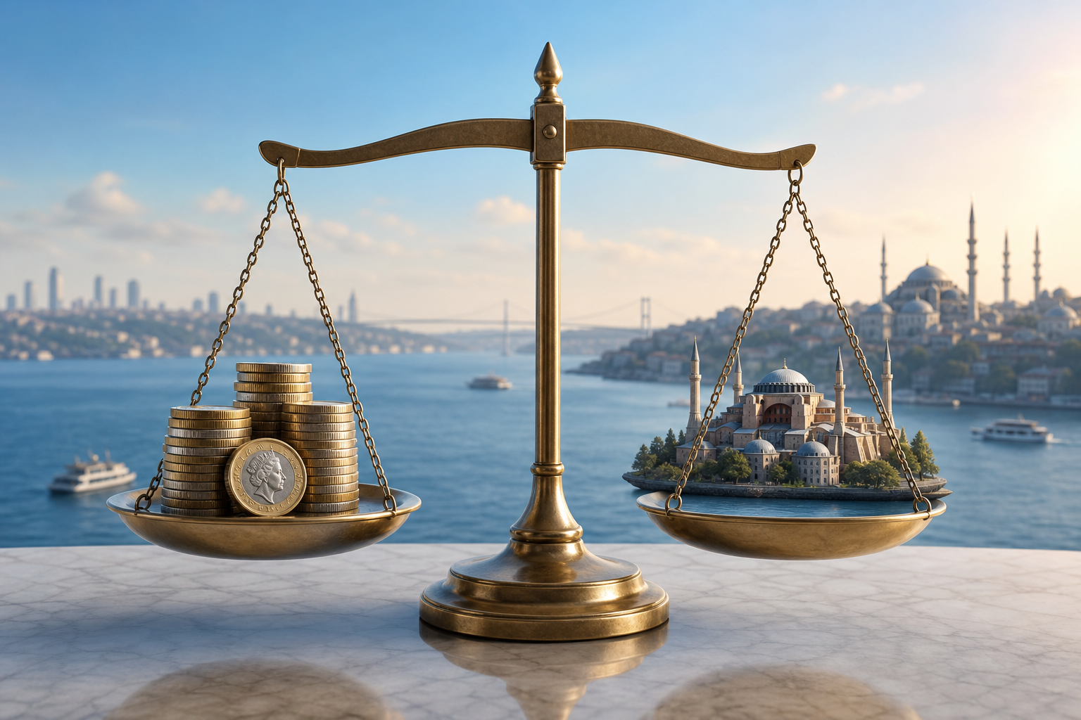 İstanbul silüeti karşısında Türk Lirası — saç ekimi maliyet karşılaştırması